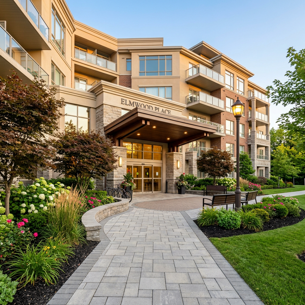 Landscaped entrance to Elwood Place apartment building